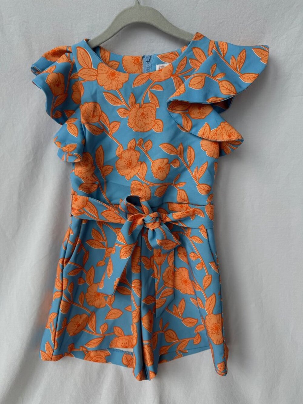 GB Girls Blue Orange Floral Ruffle Sleeve Belted Romper Size 5